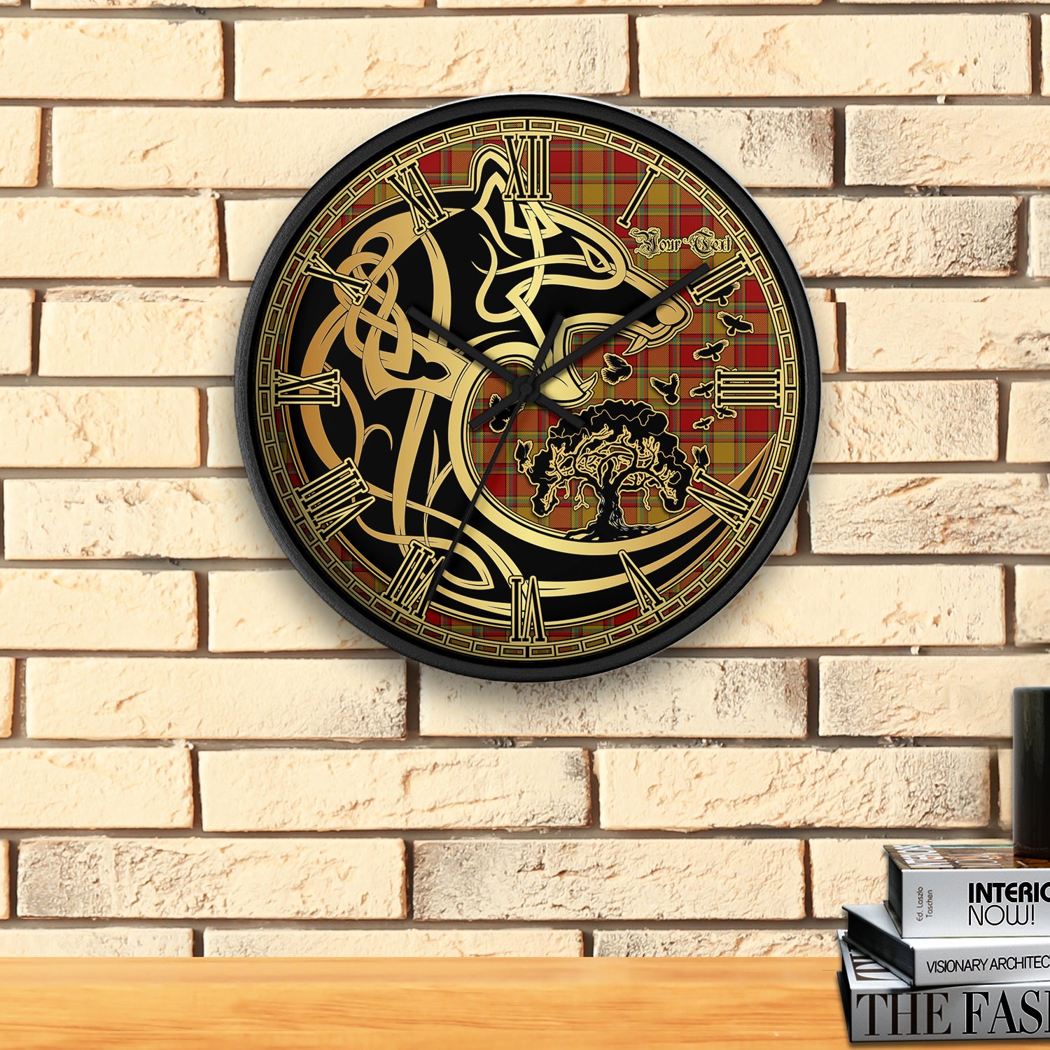 scrymgeour-tartan-wall-clock-personalize-wall-clock-decor-wall-clock-celtic-wolf-style