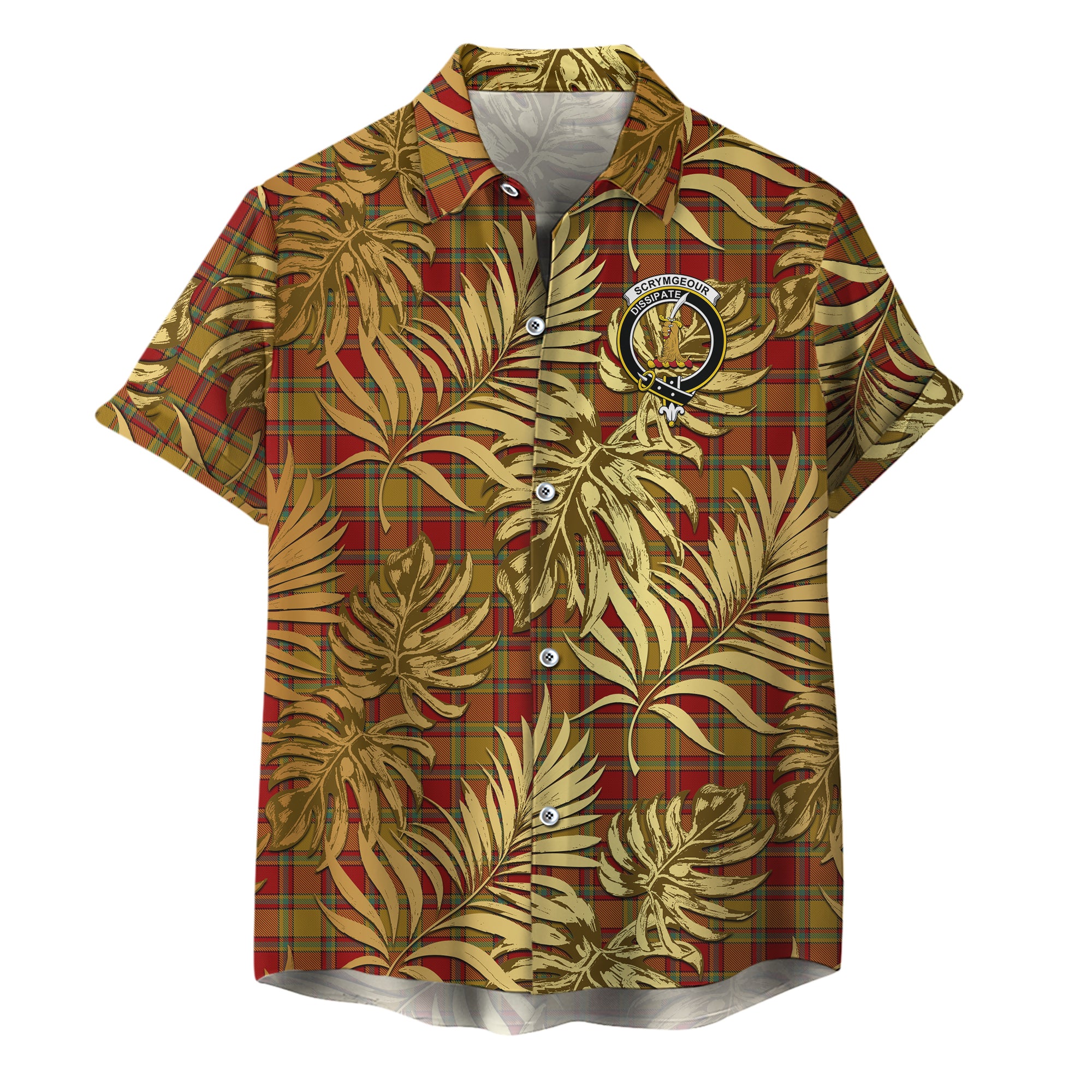 scottish-scrymgeour-clan-crest-tartan-golden-tropical-palm-leaves-hawaiian-shirt