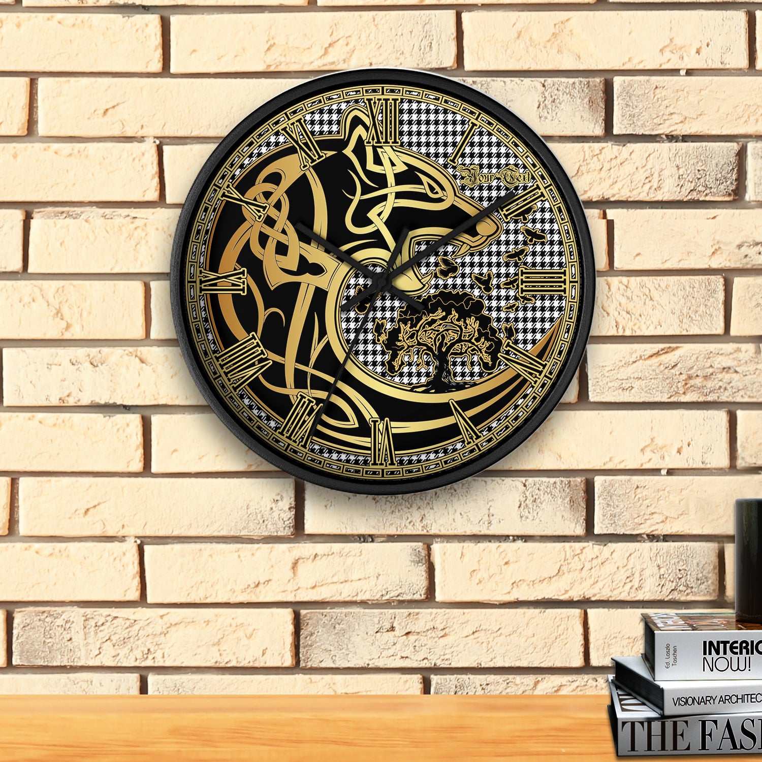 shepherd-tartan-wall-clock-personalize-wall-clock-decor-wall-clock-celtic-wolf-style