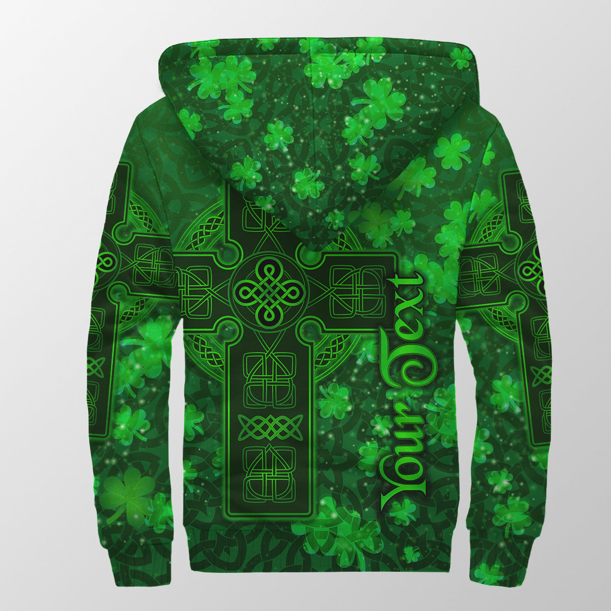 Green sherpa hoodie, back design with Celtic cross, shamrocks, and 'love' print