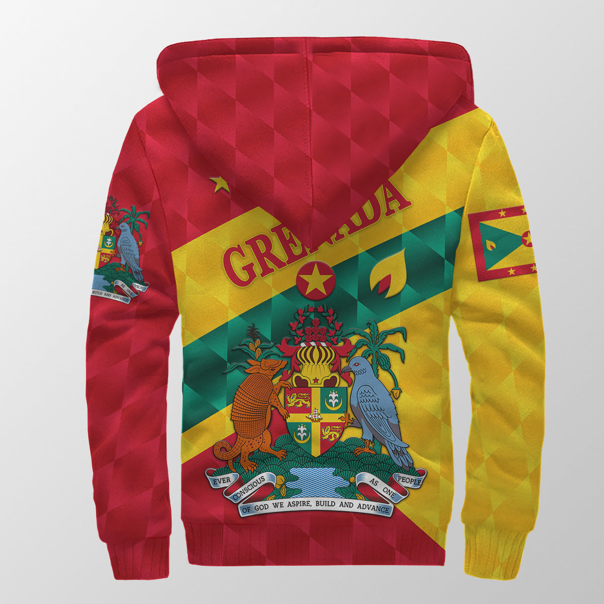 Back view red/yellow/green zip hoodie with Grenada crest graphic
