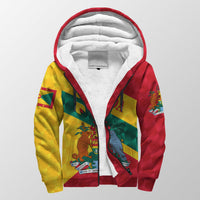 Red sherpa-lined zip hoodie with hood, front graphic print panel