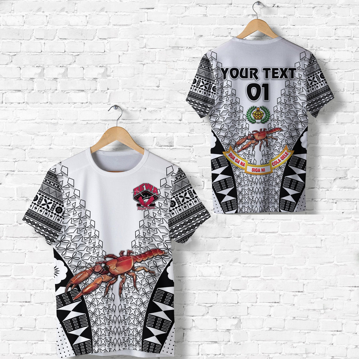 Custom Fiji Rewa Rugby Union T Shirt Tapa Style White, Custom Text And Number LT8 - Wonder Print Shop