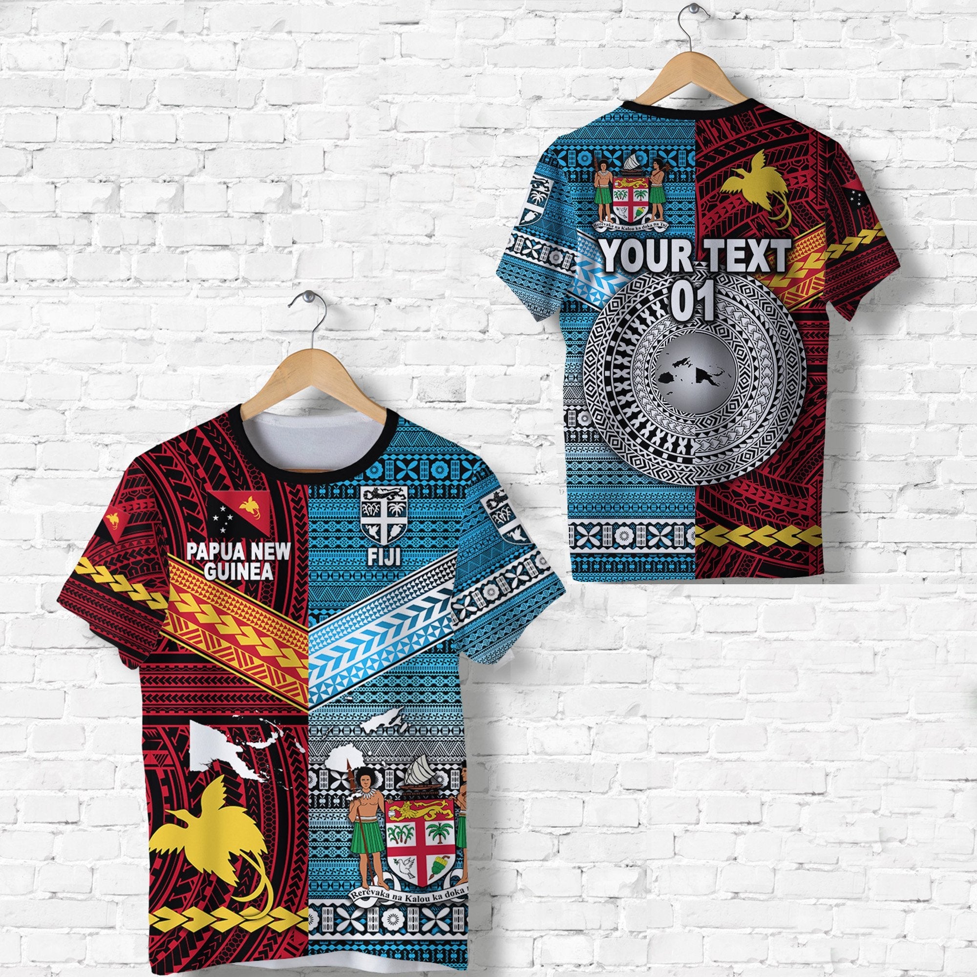 Custom Papua New Guinea And Fiji T Shirt Together Bright Color, Custom Text And Number LT8 - Wonder Print Shop