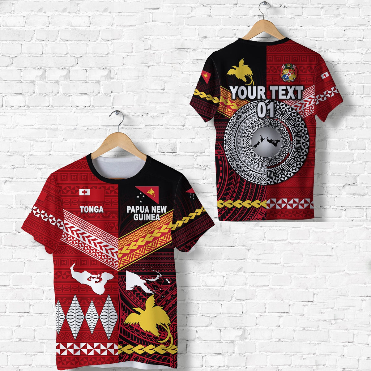 Custom Papua New Guinea And Tonga T Shirt Polynesian Together Red, Custom Text And Number LT8 - Wonder Print Shop