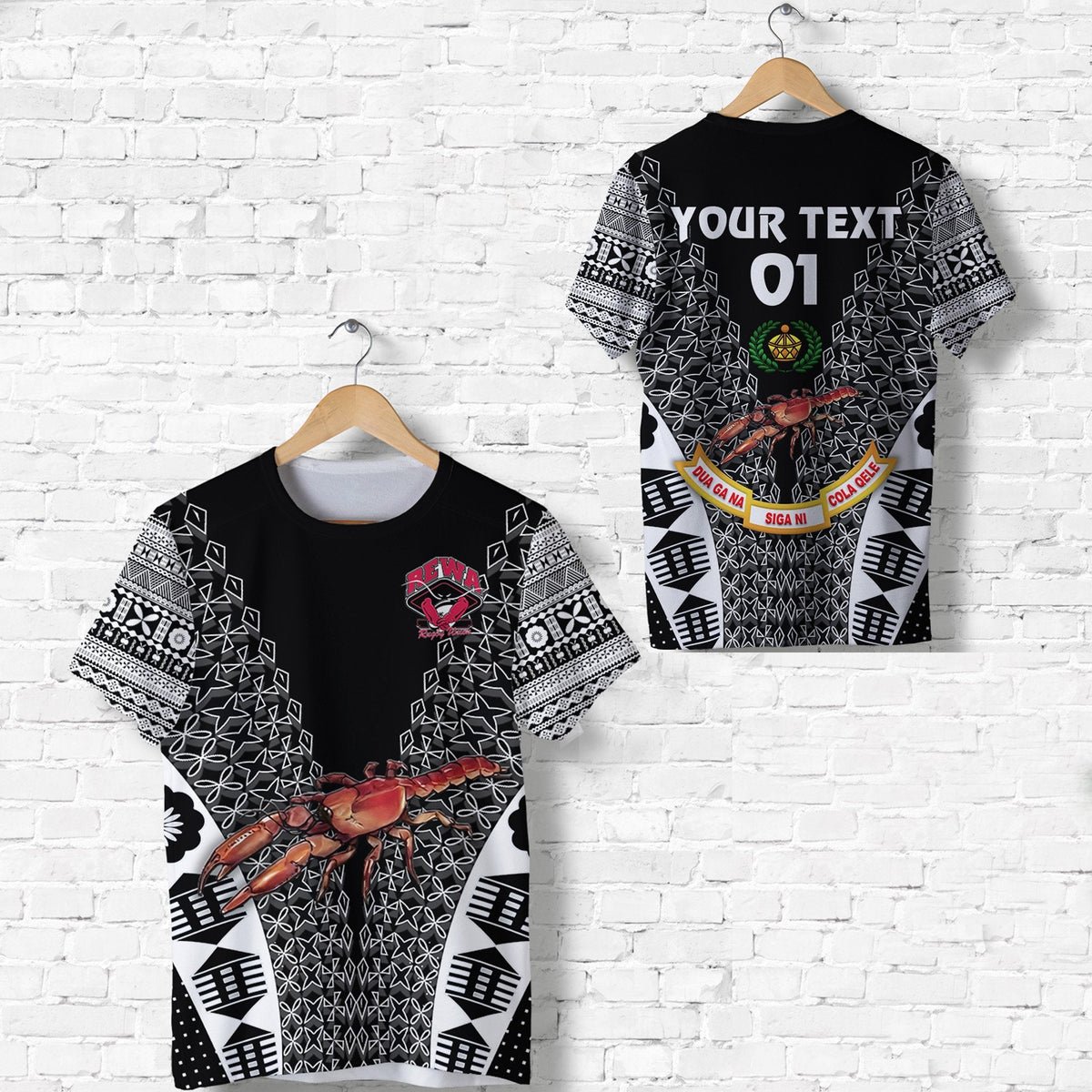 Custom Fiji Rewa Rugby Union T Shirt Tapa Style Black, Custom Text And Number LT8 - Wonder Print Shop