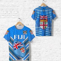 Blue Fiji day T-shirt with FIJI text, Union Jack heart, tribal stripe print