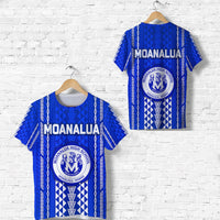 Blue Moanalua High School T-shirt set with bold MOANALUA logo and vertical pattern