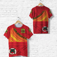 Red Sia Raga FC football T-shirt with yellow tribal pattern and crest