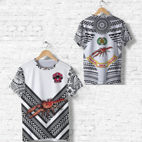 White Fiji Rewa rugby T-shirt with red crab logo and tribal black patterns, front view