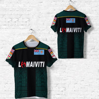 Green/black rugby tee back, LOMAIVITI logo with Fiji flag badge and patterned sleeves