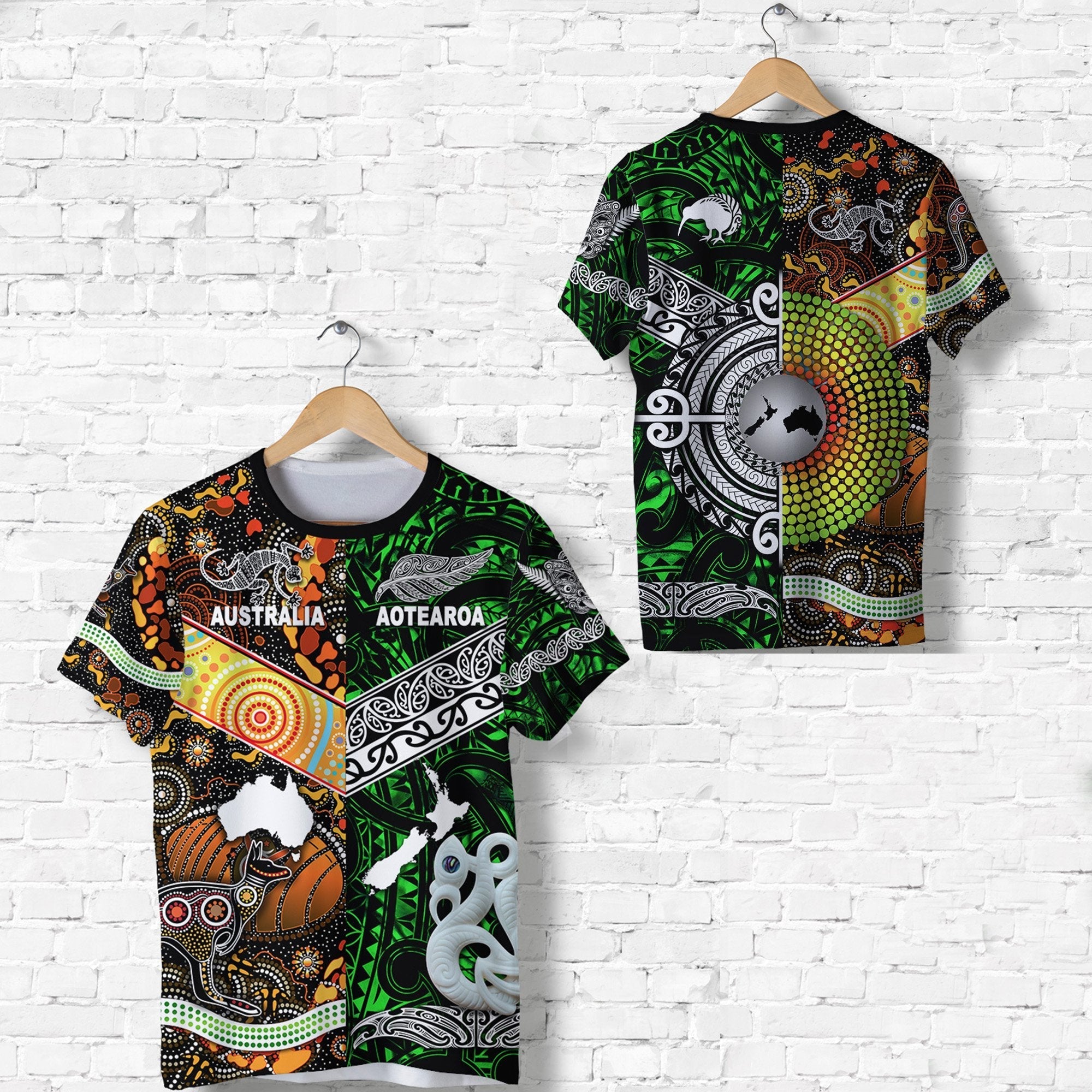 New Zealand Maori Aotearoa and Australia Aboriginal T Shirt Together Green LT8 - Wonder Print Shop