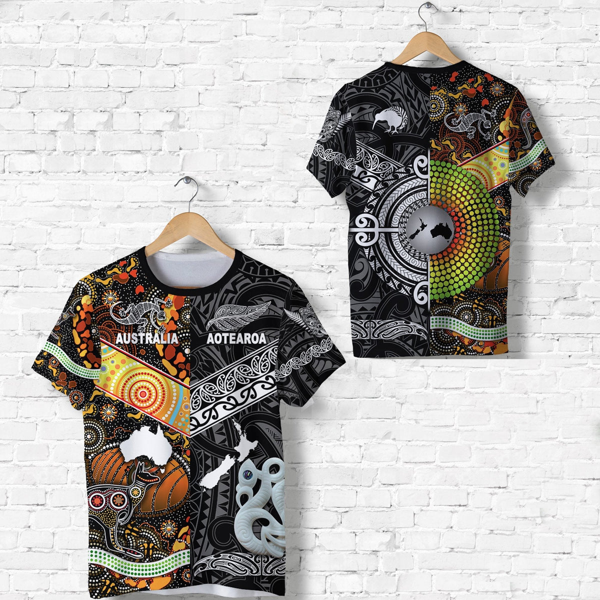 New Zealand Maori Aotearoa and Australia Aboriginal T Shirt Together Black LT8 - Wonder Print Shop