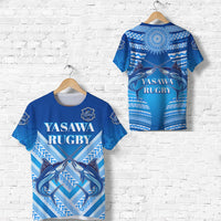 Blue Yasawa Rugby T-shirt with white Aztec-style patterns; “YASAWA RUGBY” on front and back