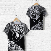 Black T-shirt with YAP graphic and circular logo, shown front and back on hangers