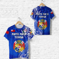 Blue Tonga graphic T-shirt with Mate Ma’a Tonga text and crest on front