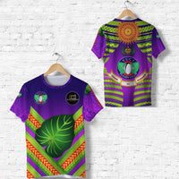 Purple rugby T-shirt with green/yellow patterns, Vuci crest and central leaf graphic