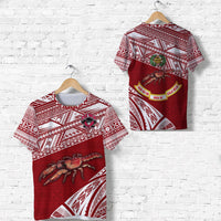 Red rugby T-shirt with tribal geometric print and crab graphic on front