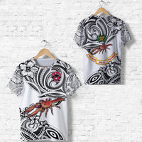 White rugby T-shirt with Rewa emblem and tribal swirl print, crab graphic