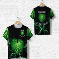 Black rugby t-shirt with green leaf crest, lightning lines, and NAUSORI RUGBY CLUB print