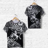 Black rugby T-shirt, front and back views with tribal print and Sydney Nadroga Stallions text