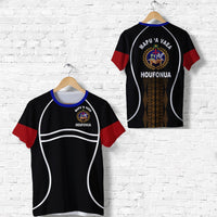Black T-shirt with red sleeve panels and white-edged jersey graphic crest