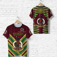 Vanuatu red graphic T-shirt with eagle-and-arch motif, front and back views