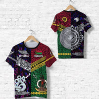 Multicolor short-sleeve graphic T-shirt with Aotearoa and Vanuatu designs, hanging