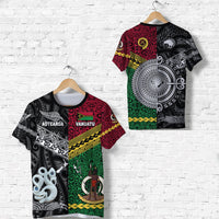 Vanuatu and New Zealand graphic T-shirt, black base with red, green, yellow island patterns