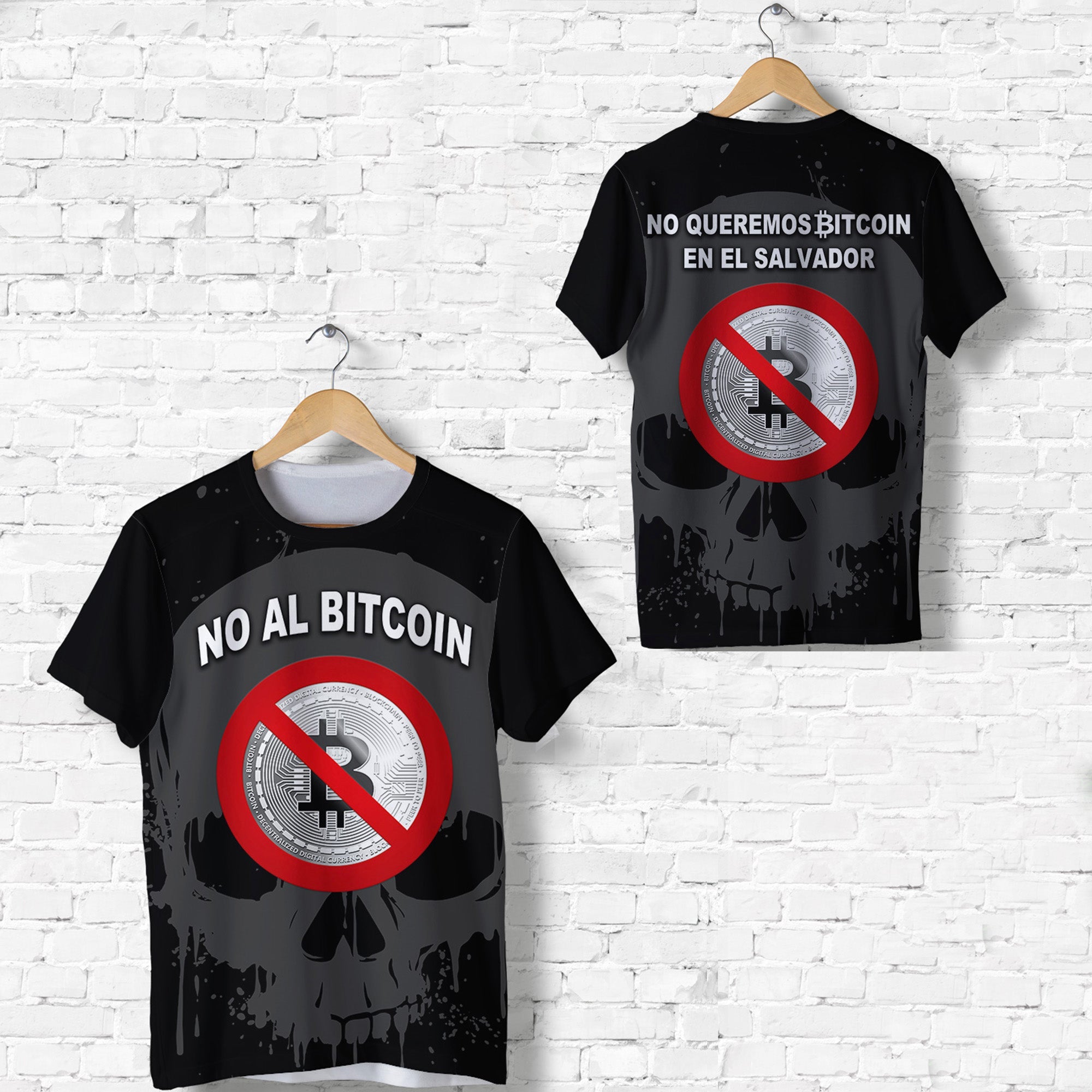 El Salvador T Shirt No Al Bitcoin Skull Style Black LT8 - Wonder Print Shop