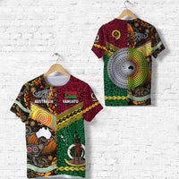 Two graphic t-shirts hanging: Australia and Vanuatu design, multicolor
