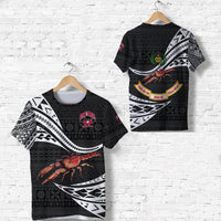 Black rugby T-shirt with white tribal print, crab graphic, and Fiji Rewa crest