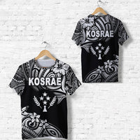 Black T-shirt set: white KOSRAE graphic, tribal patterns on front and back