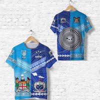 Blue Fiji and Samoa graphic T-shirt, front view on two hangers