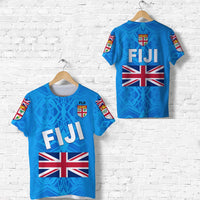Blue Fiji T-shirt set: front and back with Fiji text and Union Jack flag graphics