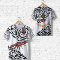 White rugby union T-shirt with black tribal pattern, crest, and crab graphic