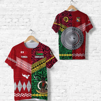 Red short-sleeve T-shirt with Tonga & Vanuatu Polynesian geometric graphic design