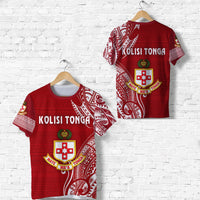 Red Kolisi Tonga T-shirt with large front and back graphic print on a hanger