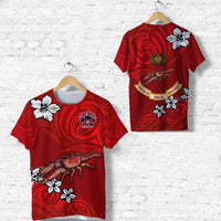 Red Fiji Rewa rugby union T-shirt with crab, hibiscus, and crest graphic on front
