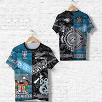 Black T-shirt with blue Polynesian panels; Aotearoa and Fiji designs