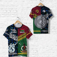 Colorful short-sleeve t-shirt set graphic: Aotearoa and Vanuatu lettering with tribal motifs