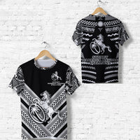 Black Fiji rugby T-shirt with white geometric pattern, horse graphic, and team text