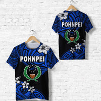 Blue and black Pohnpei T-shirt with POHNPEI text and crest graphic on chest