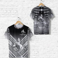 Black rugby T-shirt with white tribal graphics and horse emblem, front