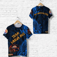 Blue tribal T-shirt: TVI-UNCIVILIZED back, TEAM VARUA INO front