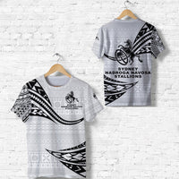 White rugby tee with black tribal horse print and 'Sydney Nadroga Navosa Stallions' text