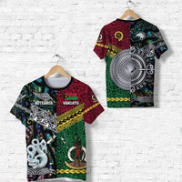 Red, green and black graphic T-shirt with Aotearoa and Vanuatu lettering, on hanger