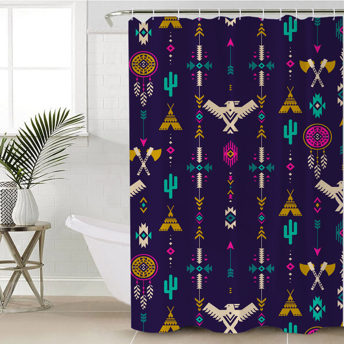 Blue shower curtain with colorful tribal pattern of cacti, arrows, and geometric motifs
