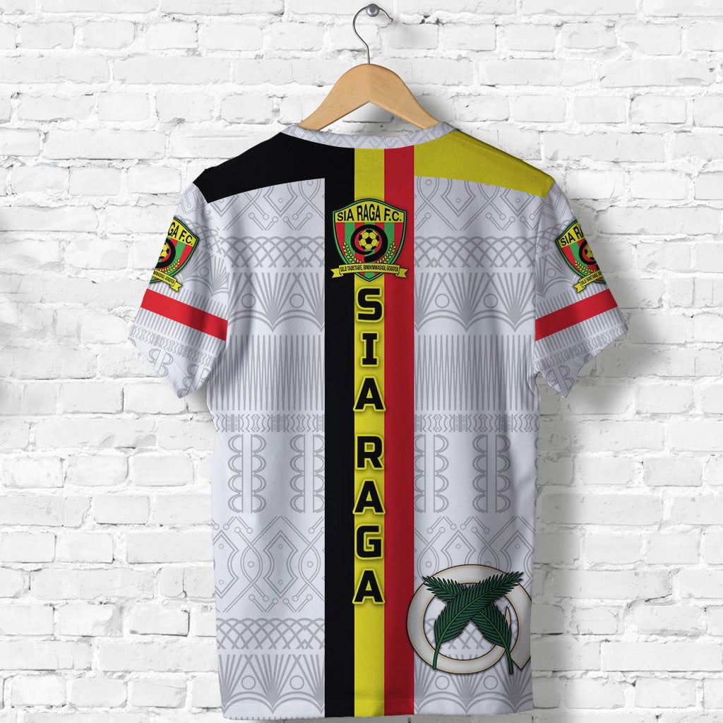 Back of white football T-shirt with central stripe and vertical SIA RAGA lettering, sleeve badges