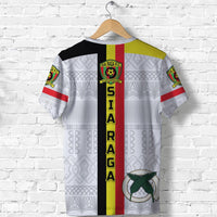 Back of white football T-shirt with central stripe and vertical SIA RAGA lettering, sleeve badges